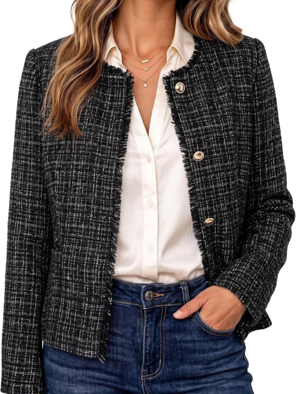 Chic Tweed Blazer for Women | Dressy Casual Collarless Work Jacket